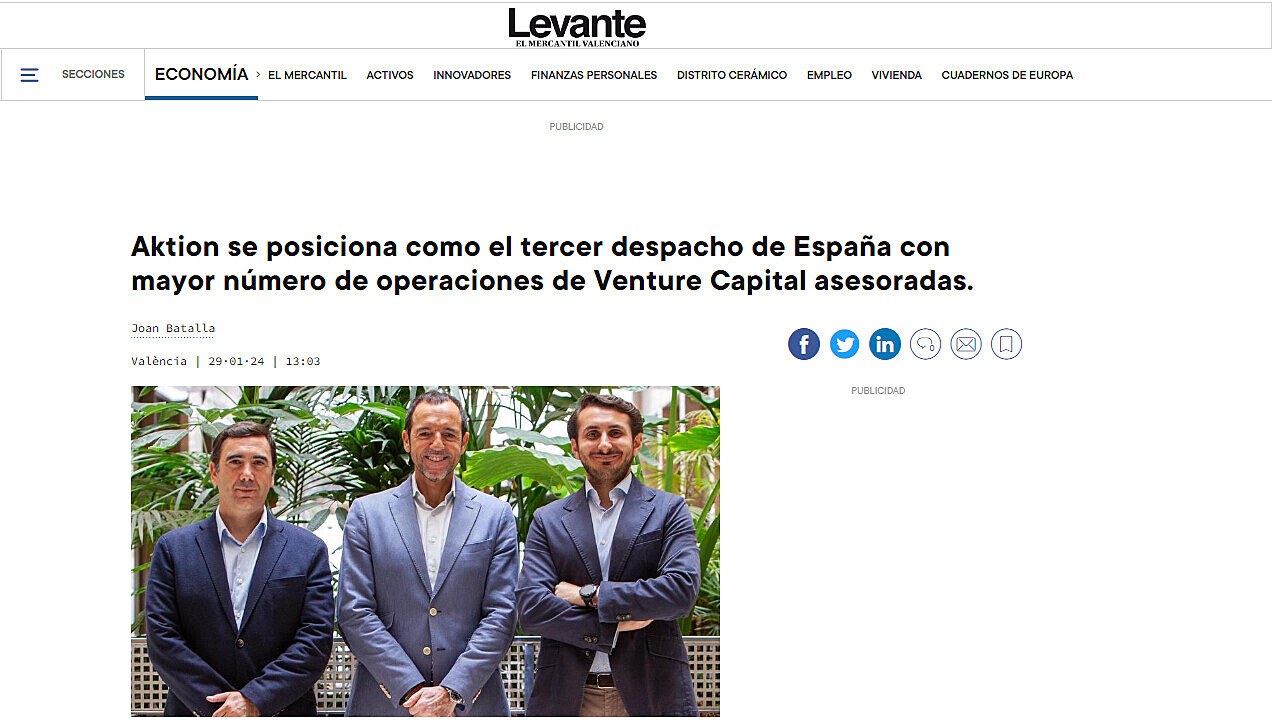 Aktion se posiciona como el tercer despacho de Espaa con mayor nmero de operaciones de Venture Capital asesoradas.
